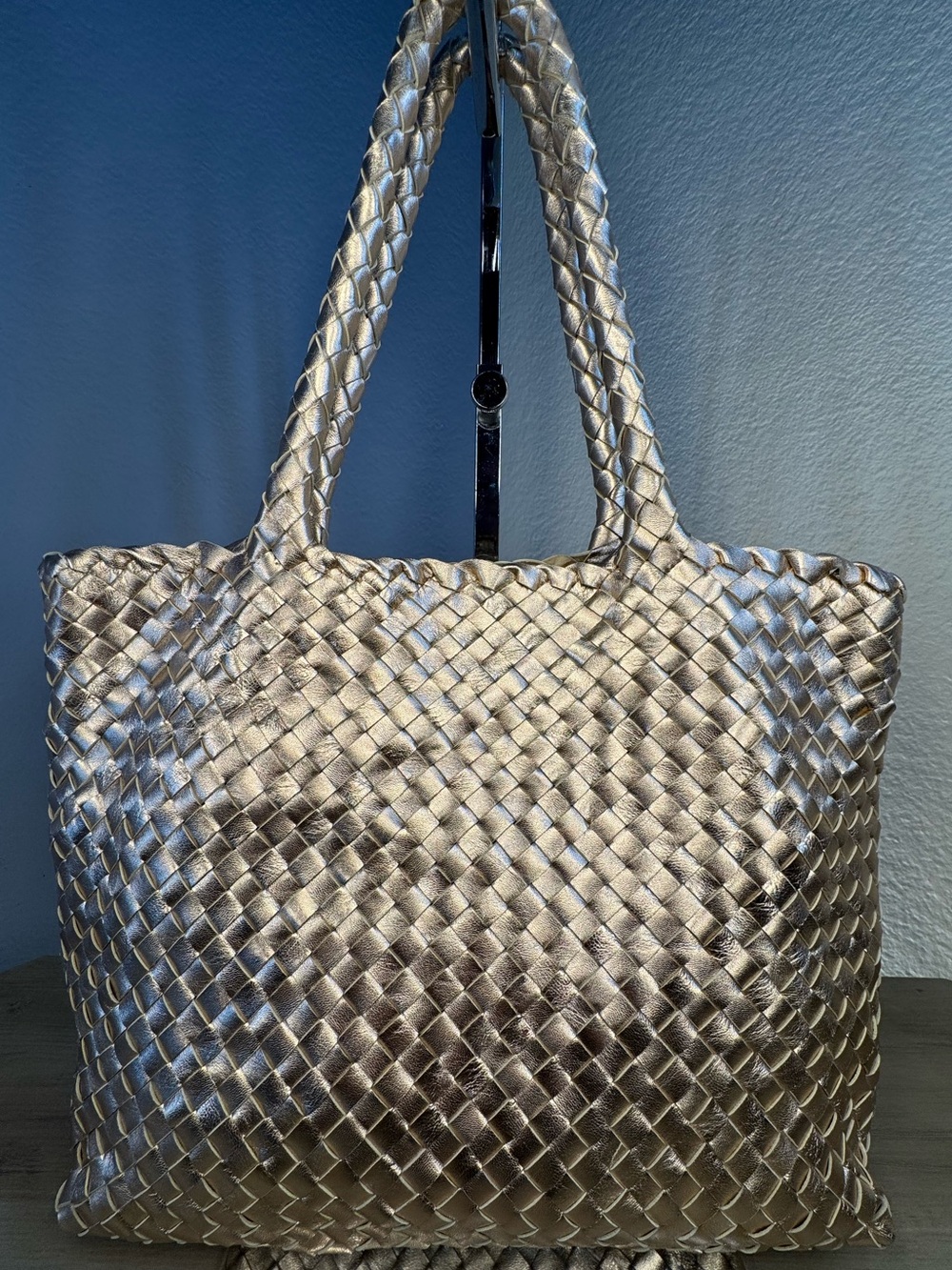 MILANER Italia Mini Elena Champagne Metallic Woven Leather Tote New Without Tags